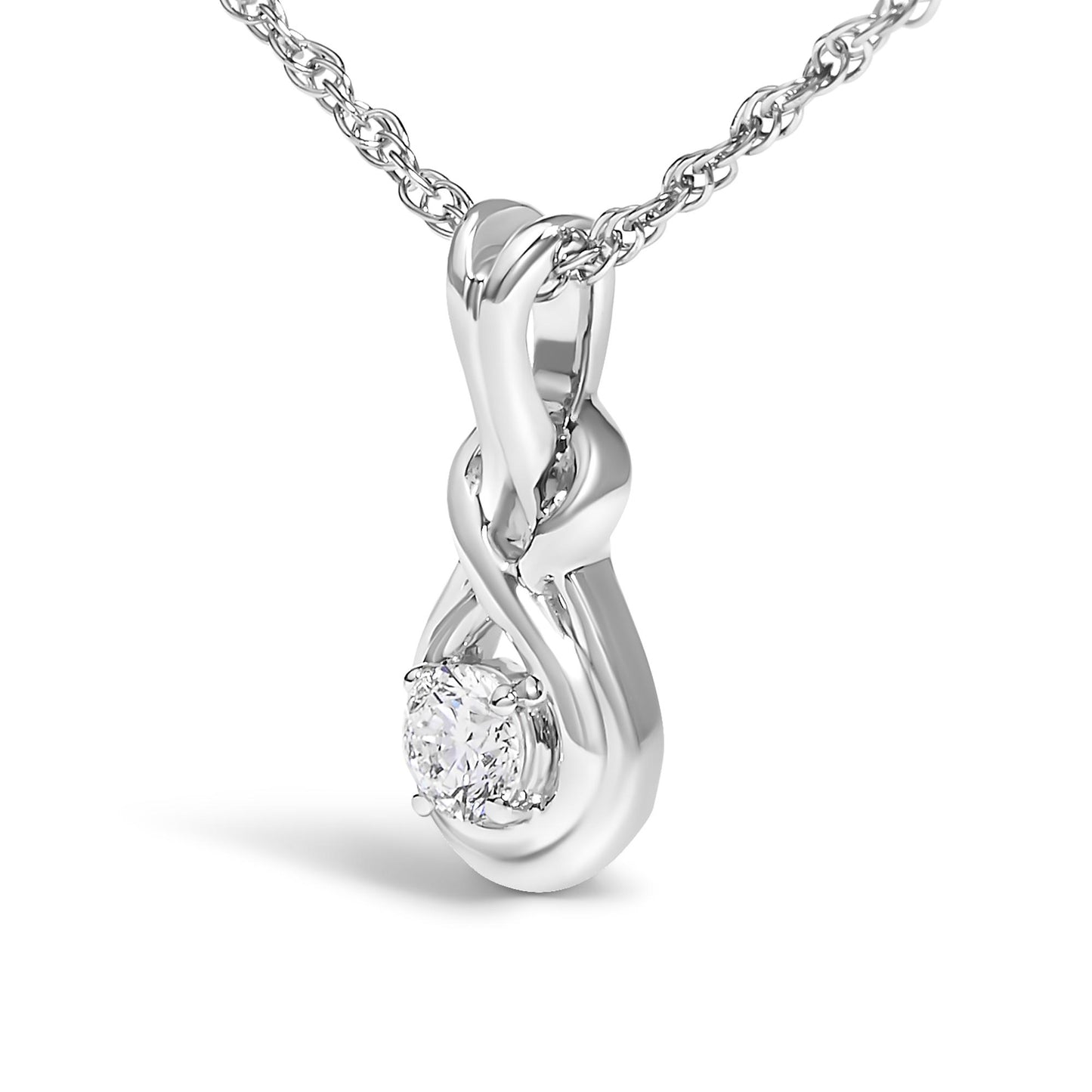 Close-up front angle of a white metal necklace featuring a twisted pendant with a single round white gemstone in prong setting.