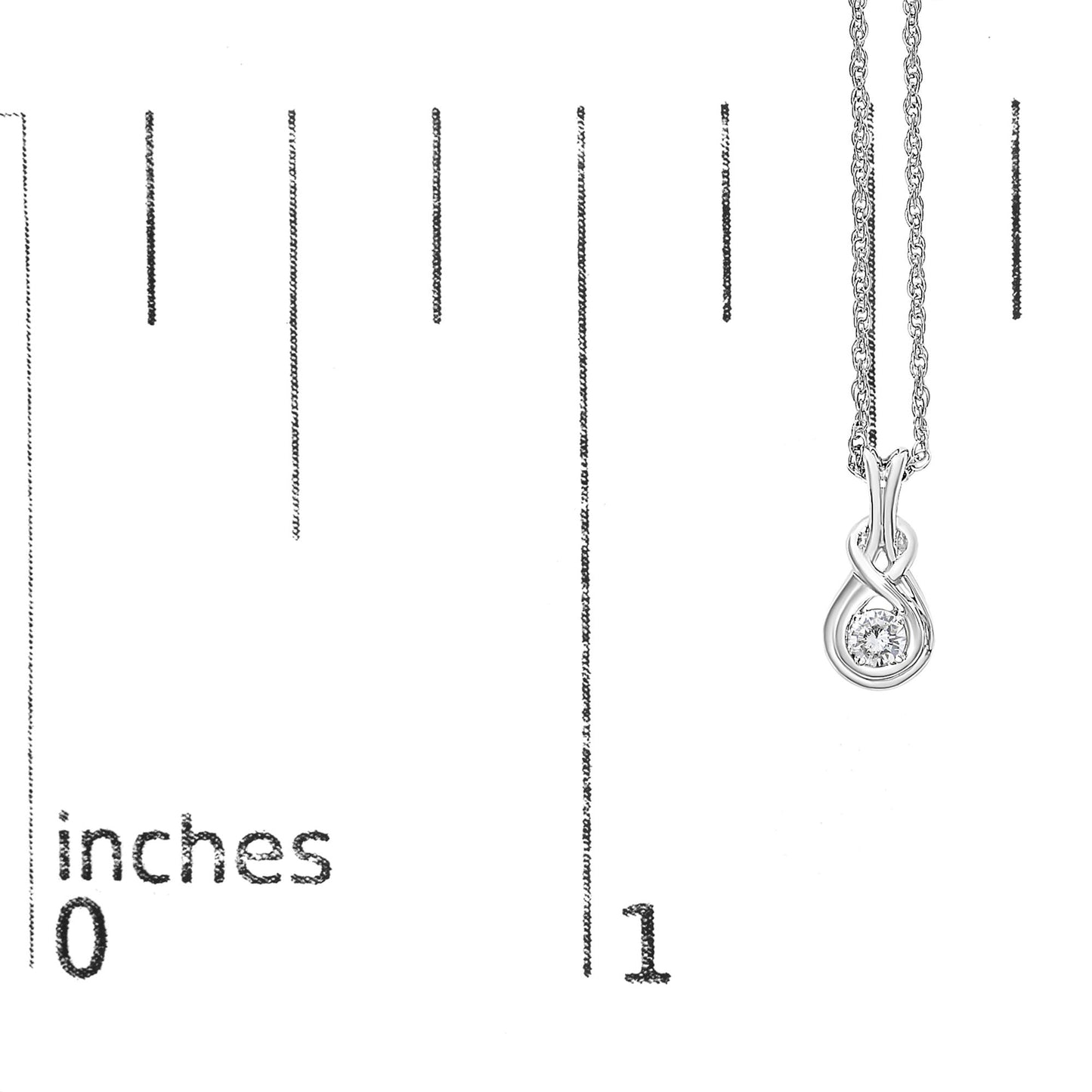 White metal necklace with an intertwined pendant setting holding a round white gemstone, shown hanging beside a ruler for size reference, front-facing angle.