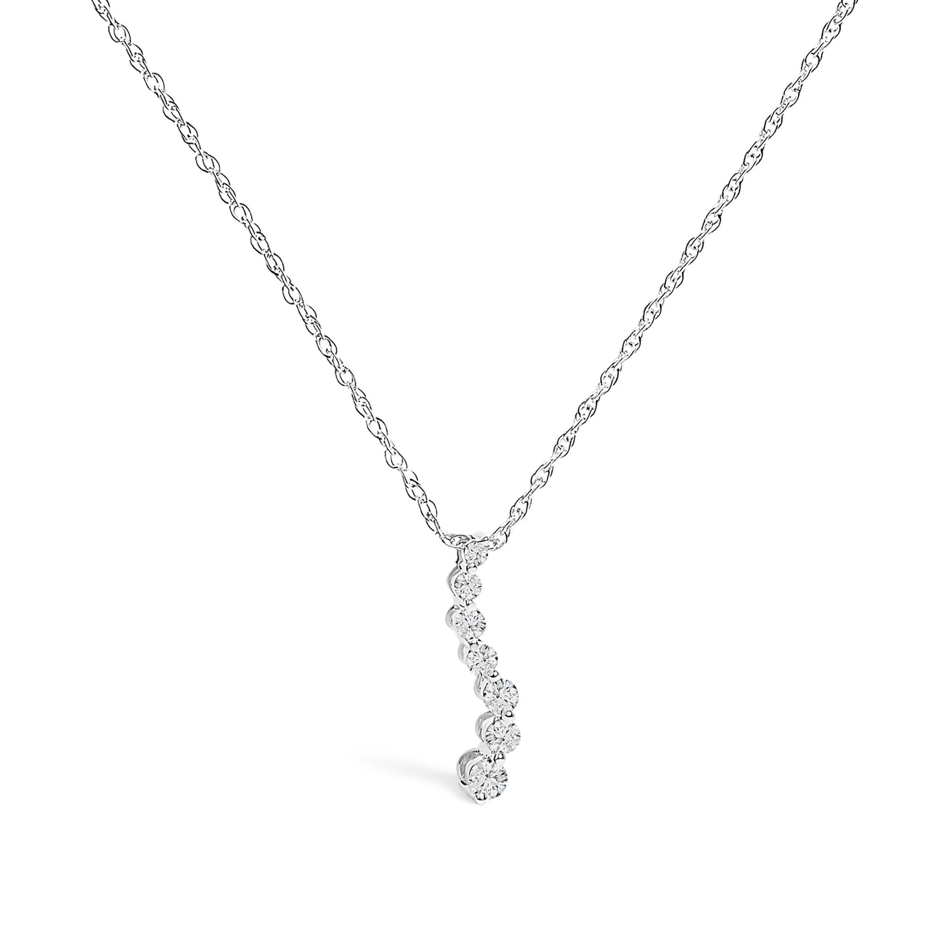 White metal necklace with a vertical bar pendant set with round white gemstones, shown in a front-facing angle on a white background.