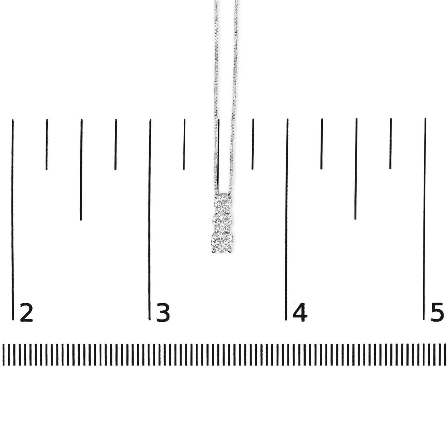 White metal necklace with three round white gemstones in shared prong setting, shown hanging vertically on a scale, front view.
