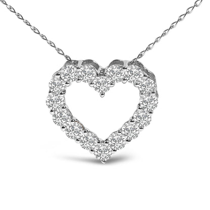 Close-up front view of a white metal heart-shaped necklace pendant featuring round white gemstones in a shared prong setting, shown against a white background.