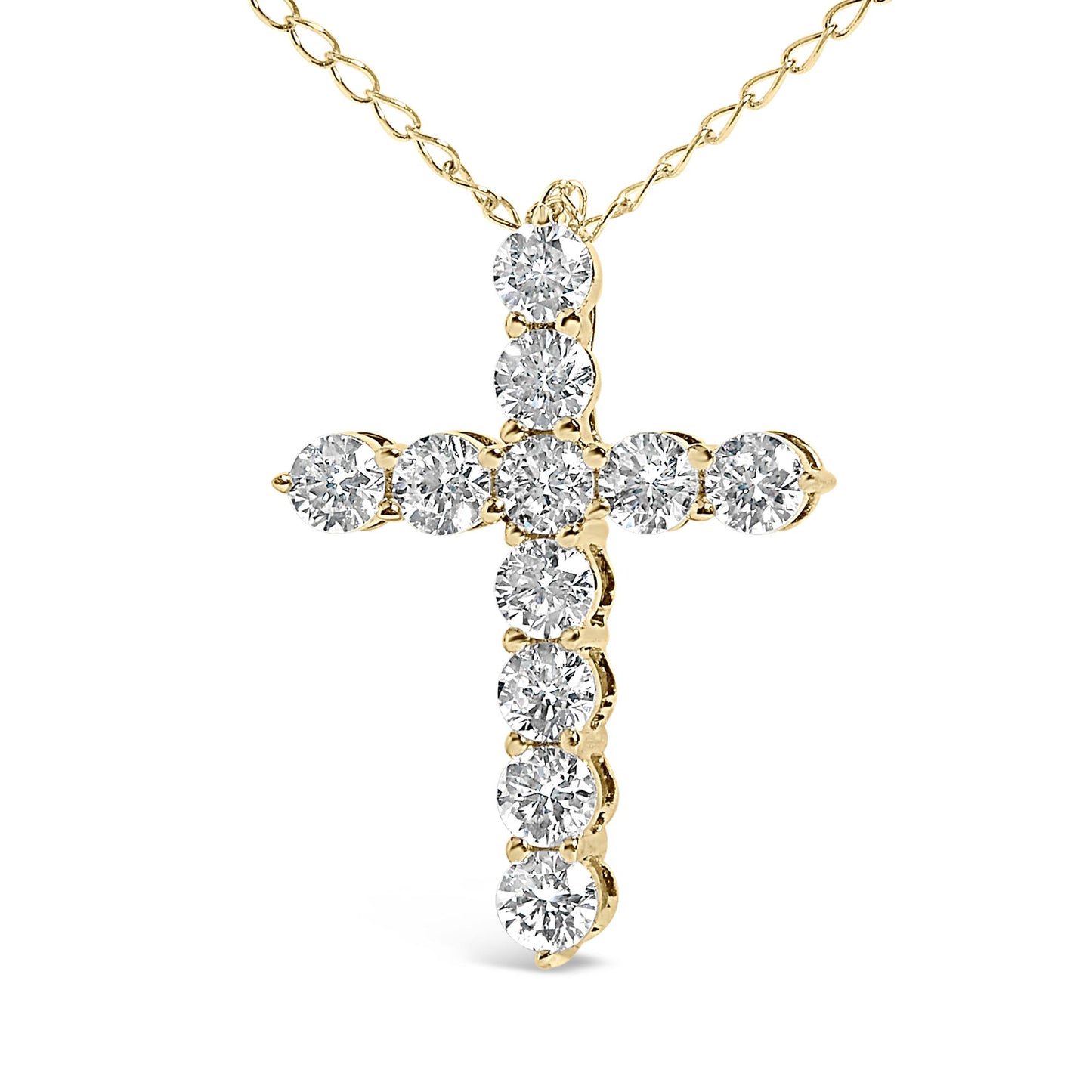 Close-up front view of a yellow metal cross-shaped necklace pendant featuring round white gemstones in a shared prong setting, shown against a white background.