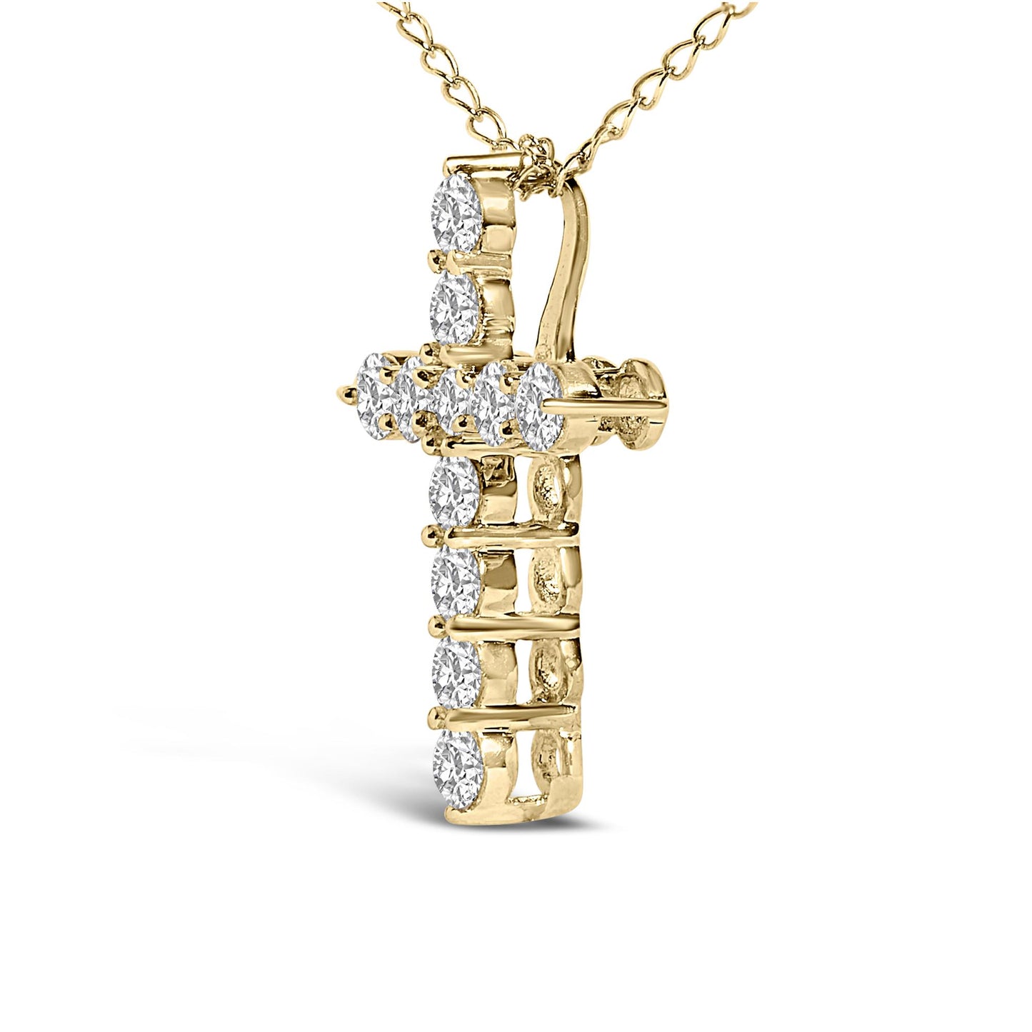 Close-up front angle of a yellow metal cross-shaped necklace pendant with round white gemstones set in shared prong settings, shown on a chain against a white background.