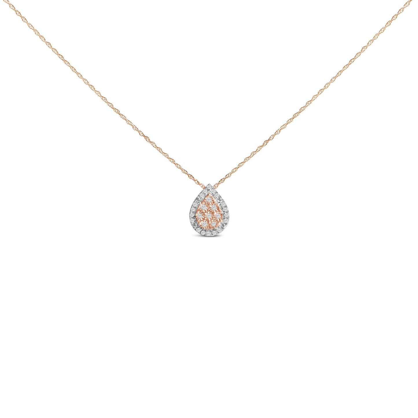 14K Rose Gold Plated Sterling Silver 1/4 Cttw Diamond Teardrop Halo Pendant Necklace