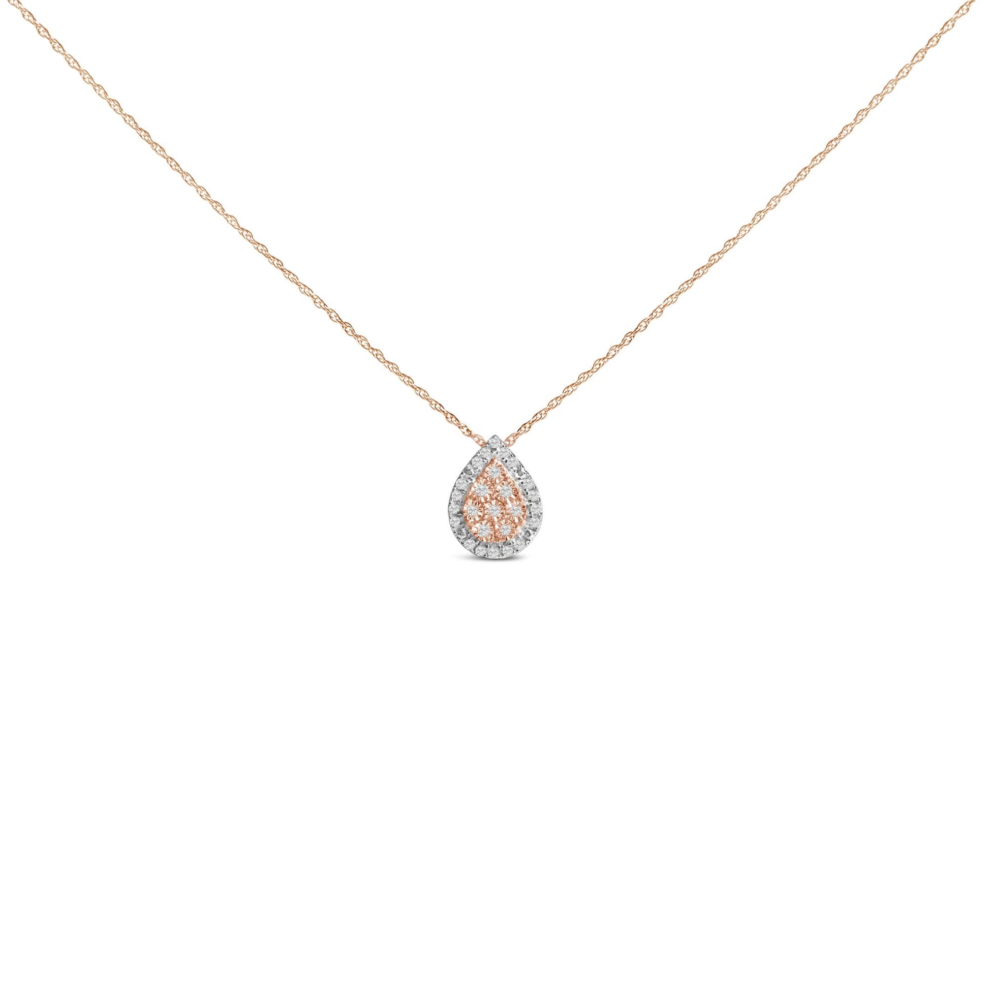 14K Rose Gold Plated Sterling Silver 1/4 Cttw Diamond Teardrop Halo Pendant Necklace