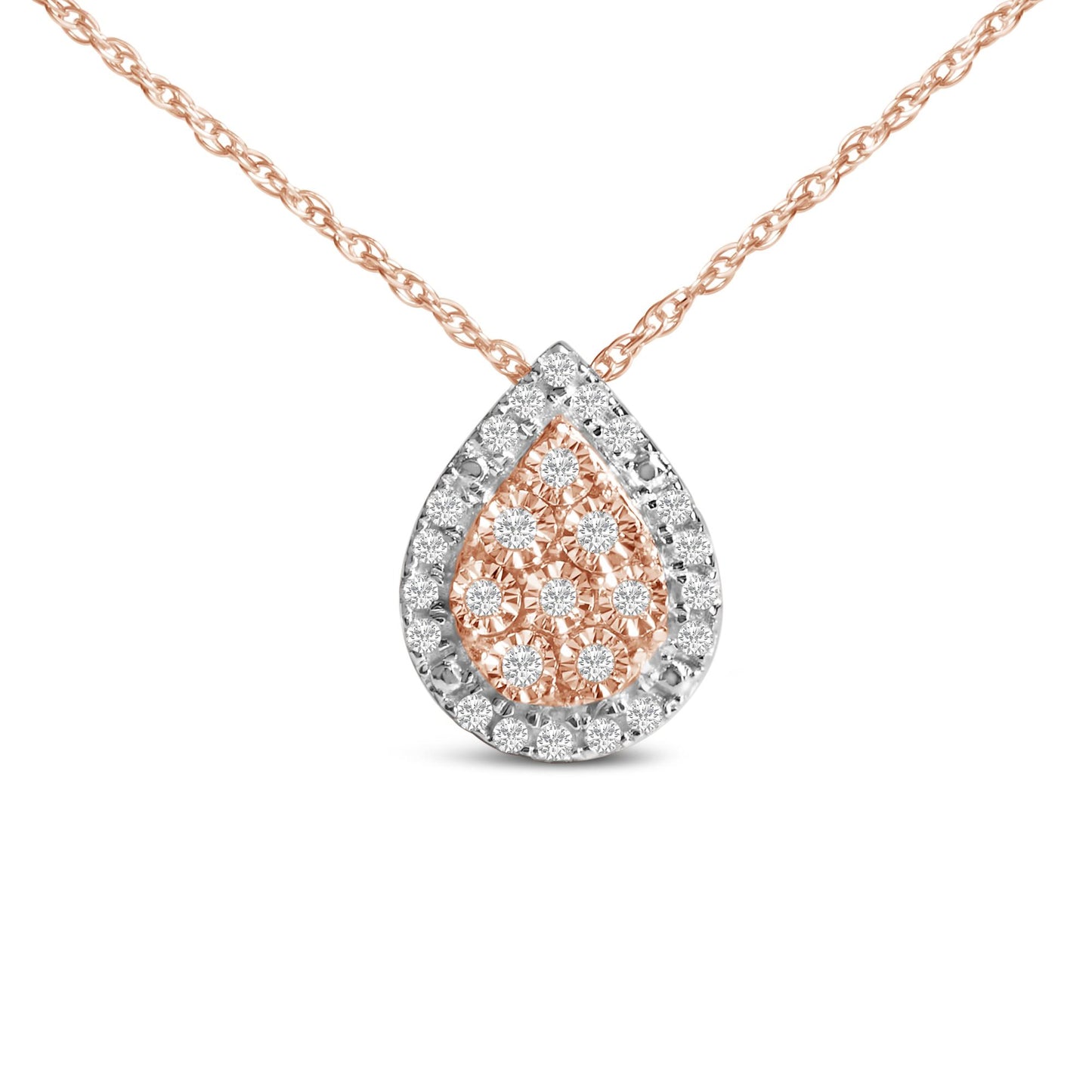 14K Rose Gold Plated Sterling Silver 1/4 Cttw Diamond Teardrop Halo Pendant Necklace