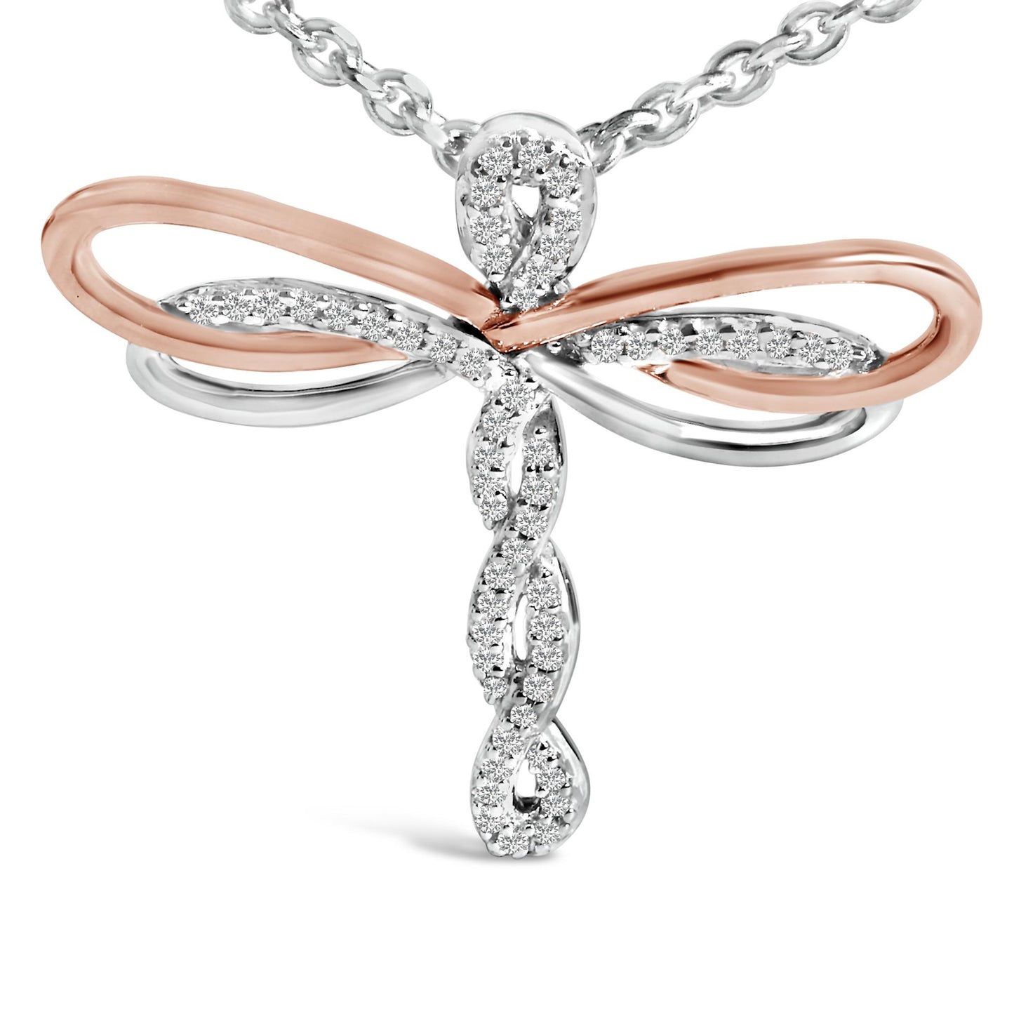14K Rose Gold Plated Sterling Silver 1/10 Cttw Diamond Dragonfly Pendant Necklace
