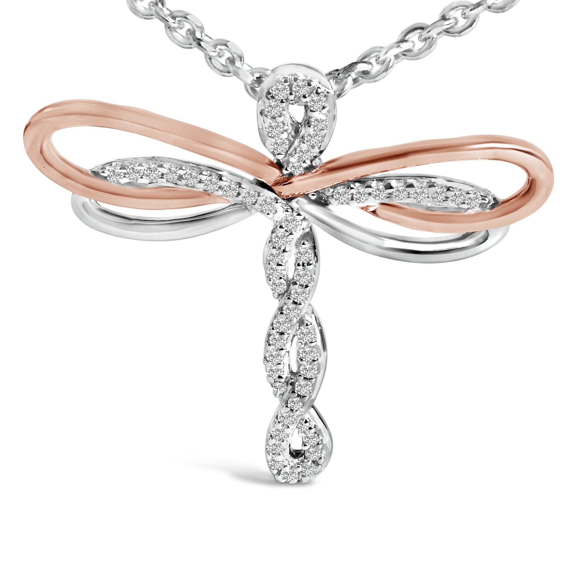 14K Rose Gold Plated Sterling Silver 1/10 Cttw Diamond Dragonfly Pendant Necklace