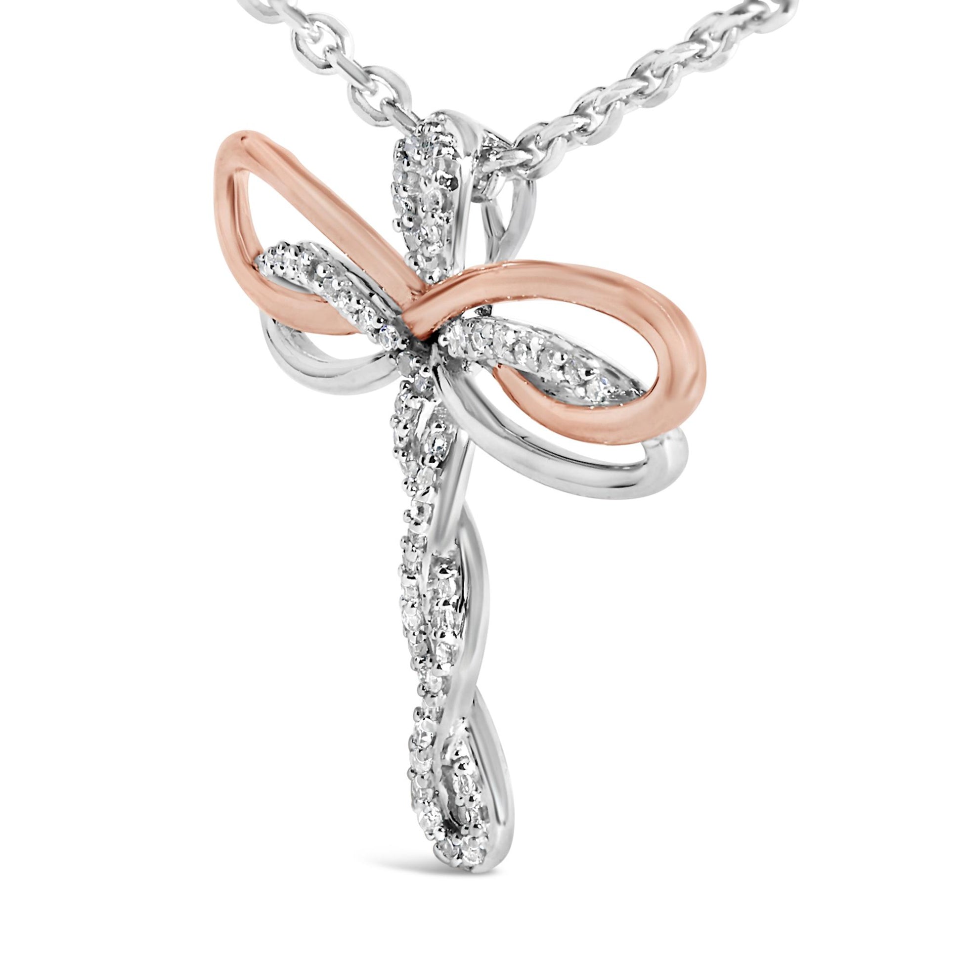 14K Rose Gold Plated Sterling Silver 1/10 Cttw Diamond Dragonfly Pendant Necklace