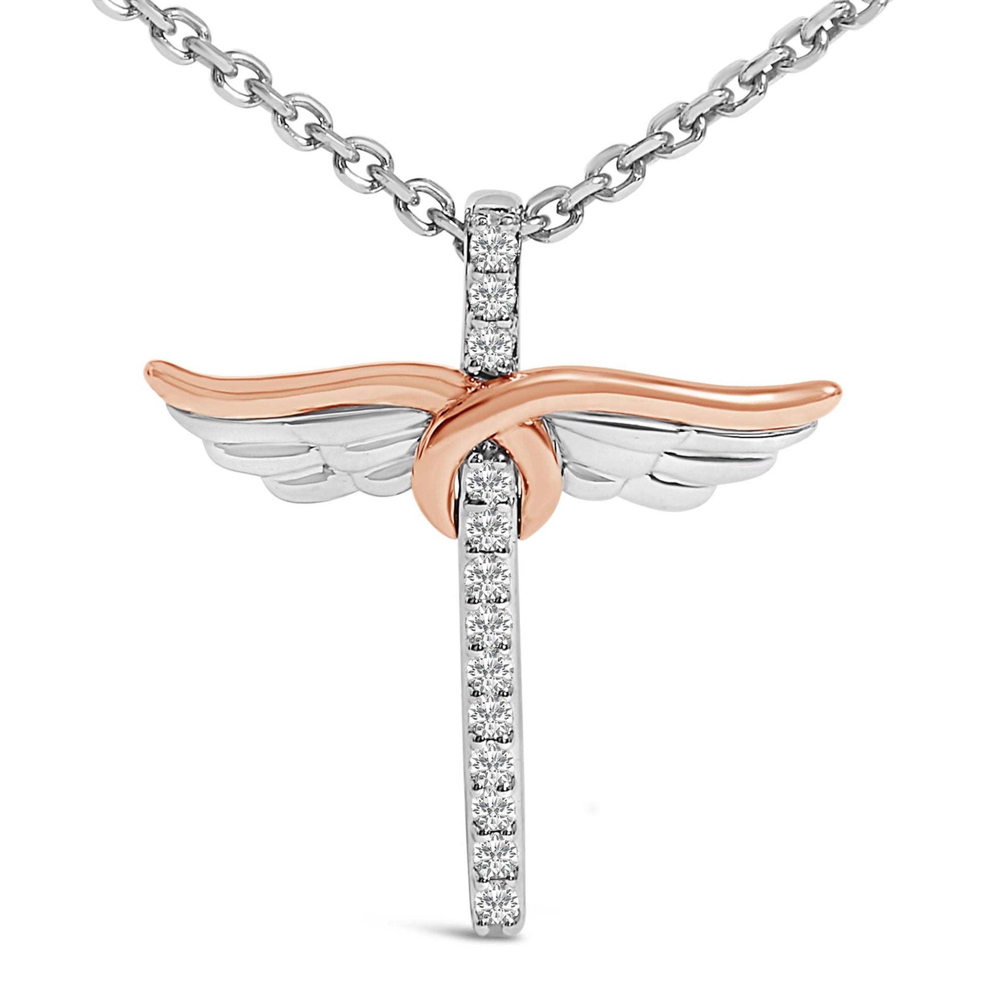 14K Rose Gold Plated Sterling Silver 1/5 Cttw Diamond Wing Cross Pendant Necklace