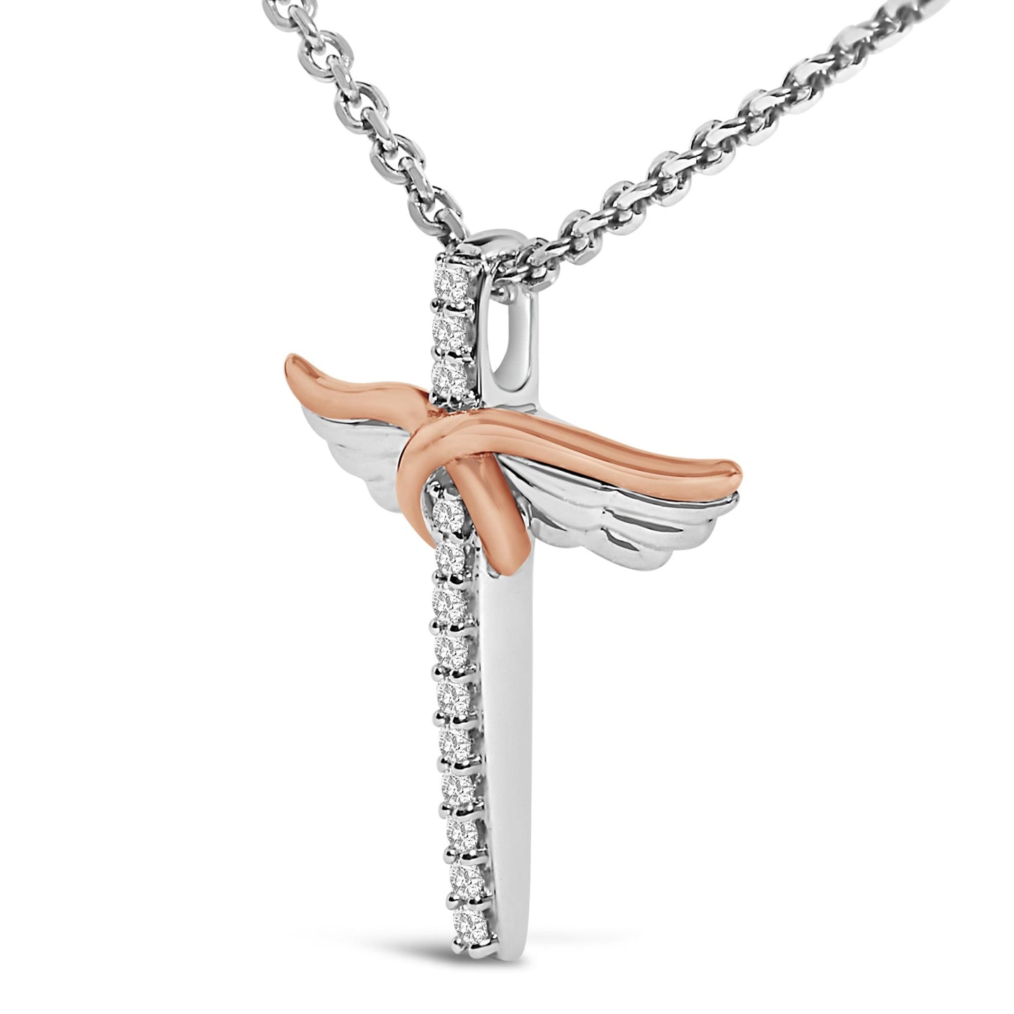 14K Rose Gold Plated Sterling Silver 1/5 Cttw Diamond Wing Cross Pendant Necklace