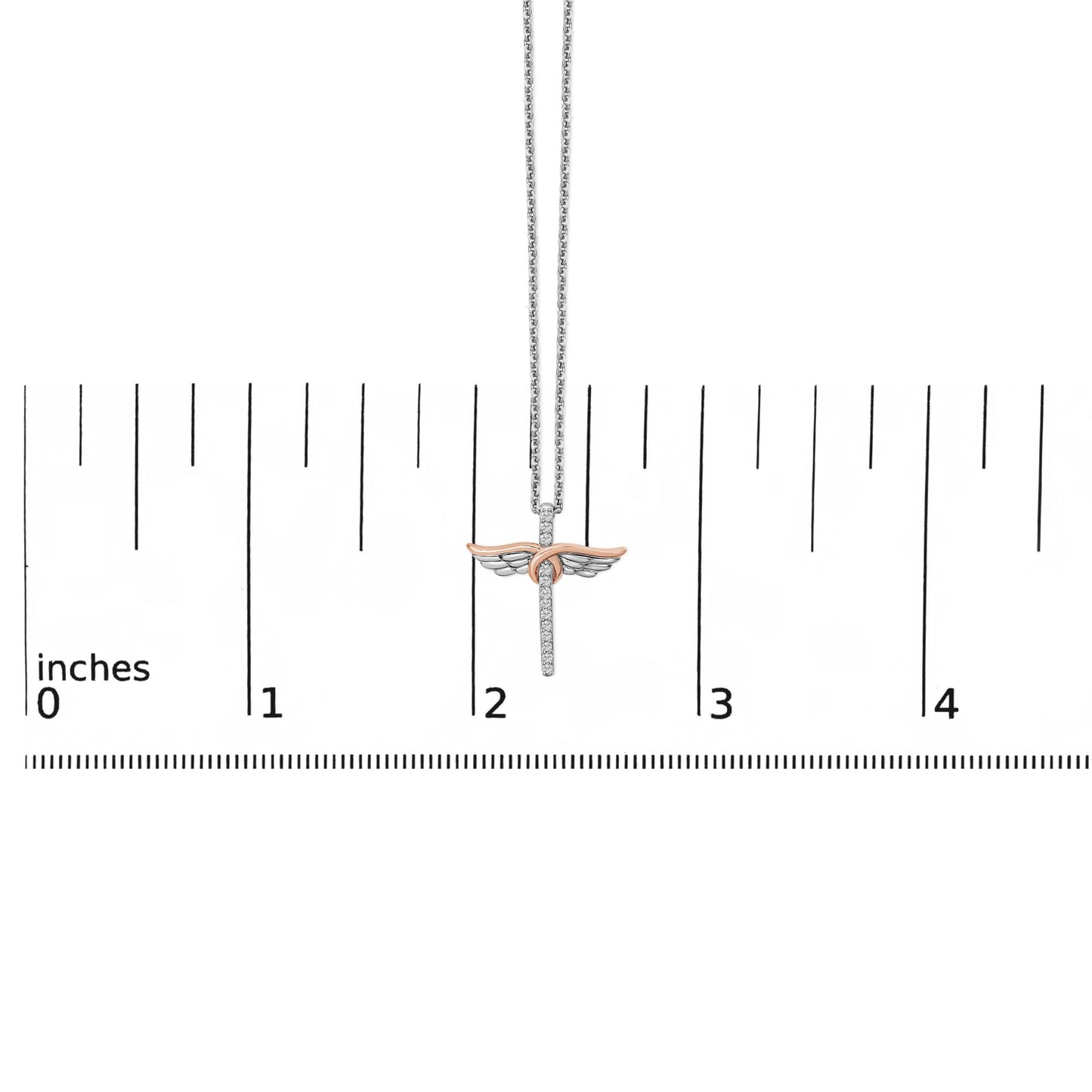 14K Rose Gold Plated Sterling Silver 1/5 Cttw Diamond Wing Cross Pendant Necklace