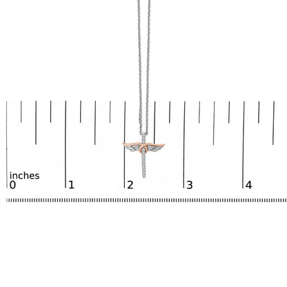 14K Rose Gold Plated Sterling Silver 1/5 Cttw Diamond Wing Cross Pendant Necklace
