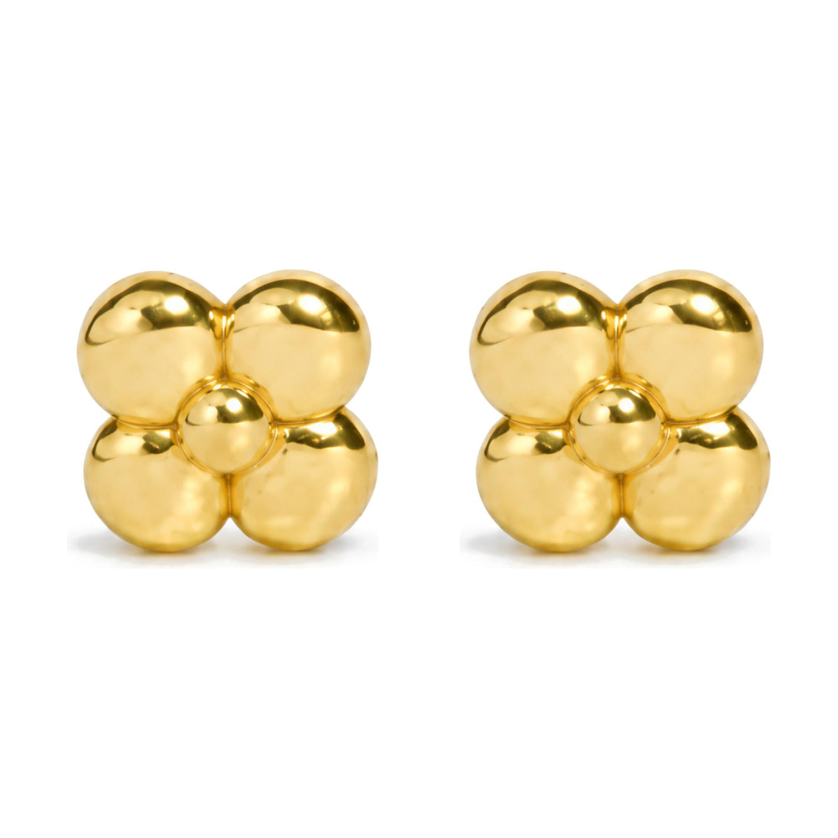 Pair of yellow metal earrings shaped like a stylized flower with four rounded petals and a central round element, shown from the front on a white background.