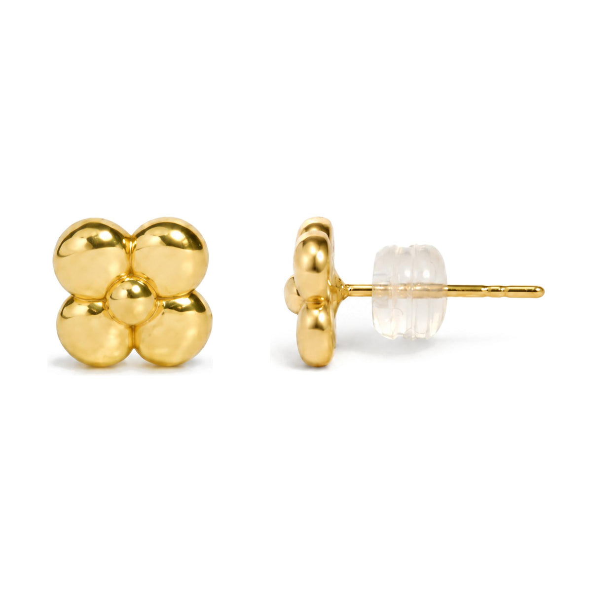 Gold-colored flower-shaped stud earrings shown in a front and side profile view on a white background.