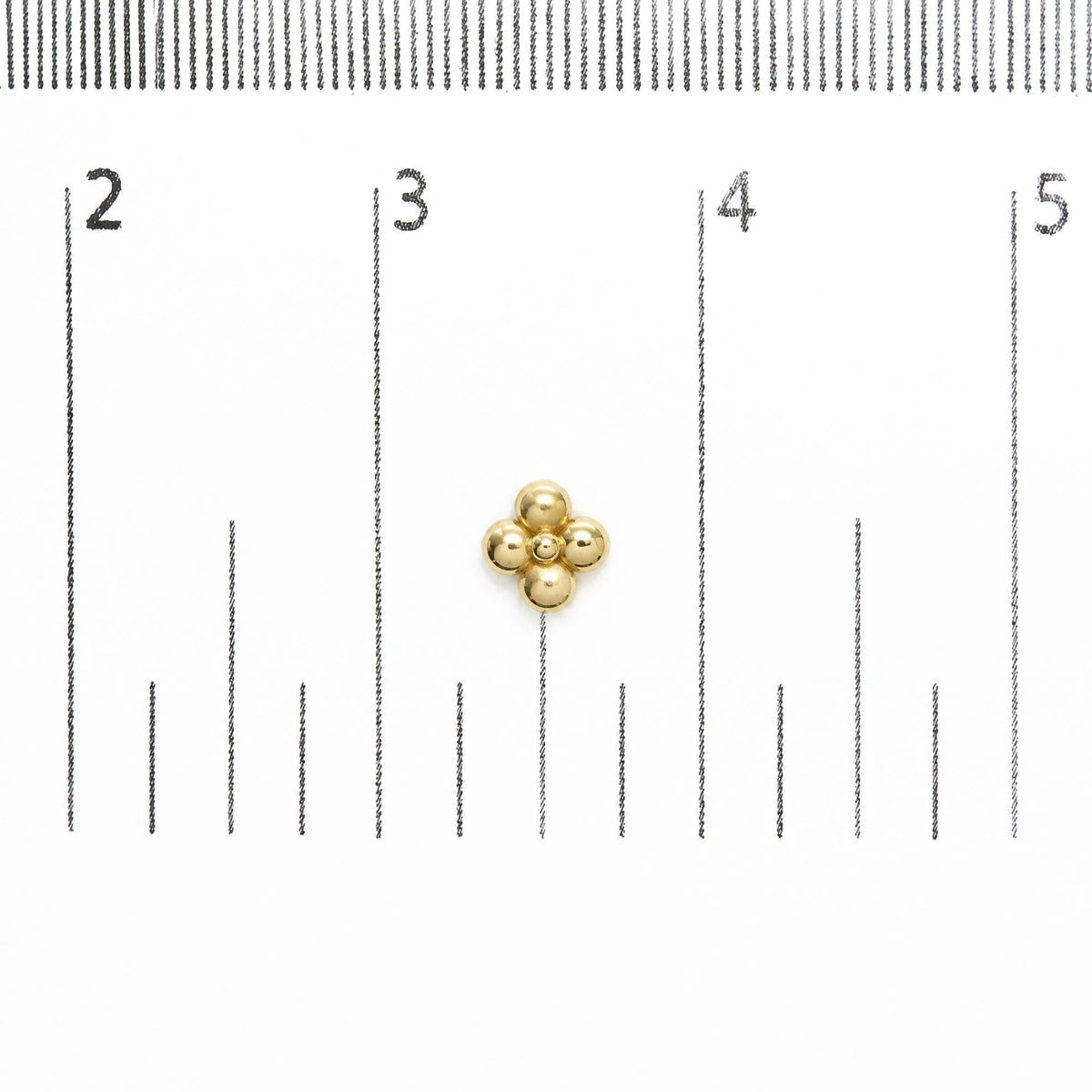 Yellow metal flower-shaped stud earring shown on a measurement scale, front view.