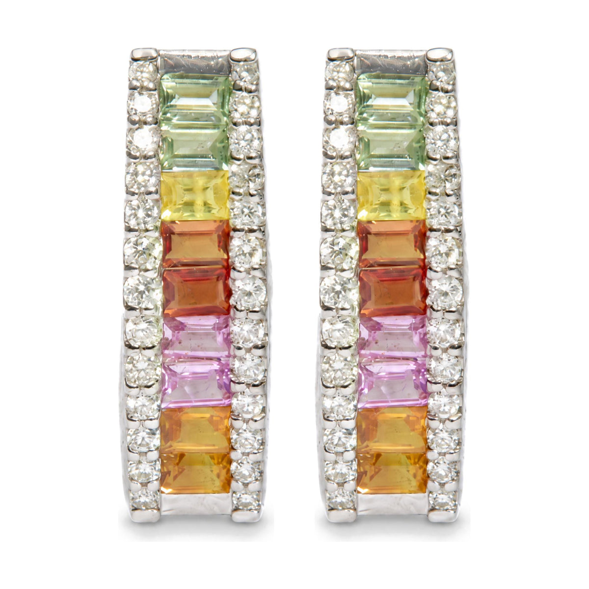 Close-up front view of a pair of white metal earrings featuring rectangular multicolored gemstones in vertical arrangement, bordered on each side by two rows of round white gemstones.