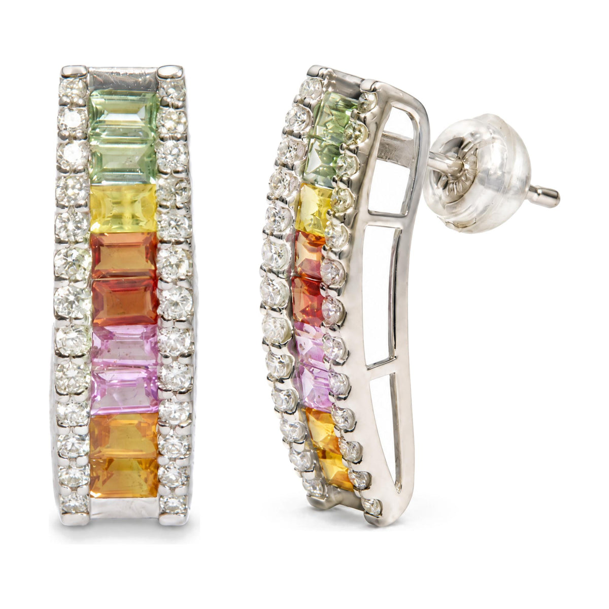 Close-up front and side angled view of a pair of white metal rectangular stud earrings featuring a vertical row of colorful baguette-shaped gemstones in green, yellow, orange, and pink shades, bordered on both sides by two vertical rows of round white gemstones in prong settings.