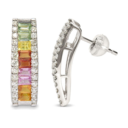 Close-up front and side view of a white metal rectangular hoop earring with a post and clear backing, featuring rows of round white gemstones along the edges and multiple rows of channel-set baguette-shaped gemstones in various colors including green, yellow, orange, red, pink, and purple in the center.