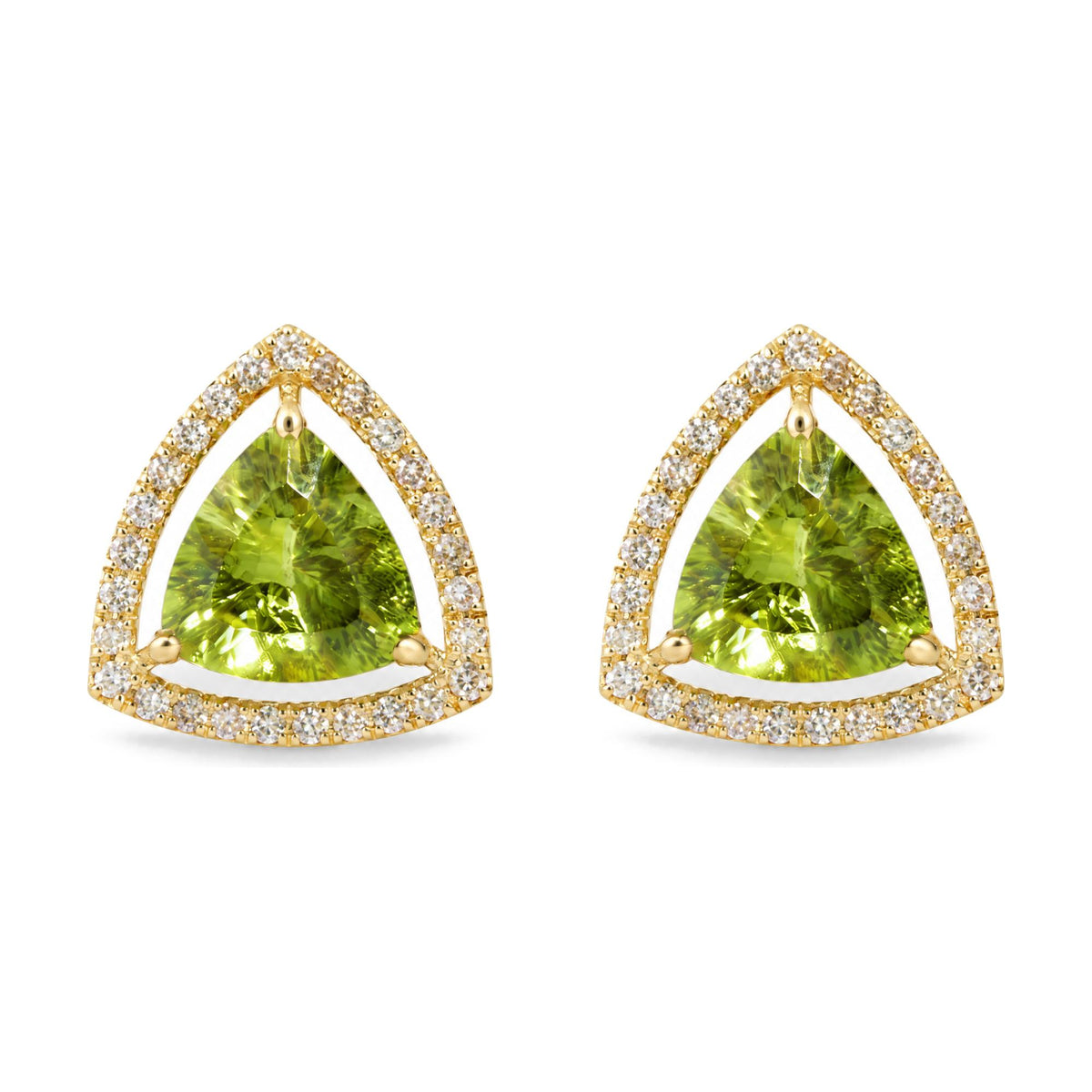 Pair of yellow metal earrings shown from a front angle, featuring large green trillion-shaped gemstones surrounded by a border of small white round gemstones in prong settings.