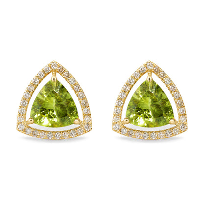 Pair of yellow metal earrings shown from a front angle, featuring large green trillion-shaped gemstones surrounded by a border of small white round gemstones in prong settings.