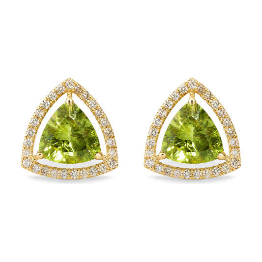 Pair of yellow metal earrings shown from a front angle, featuring large green trillion-shaped gemstones surrounded by a border of small white round gemstones in prong settings.