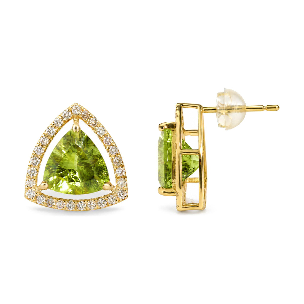 Close-up side and front view of yellow metal earrings featuring a large green trillion-shaped gemstone surrounded by small round white gemstones in prong settings, shown on a white background.