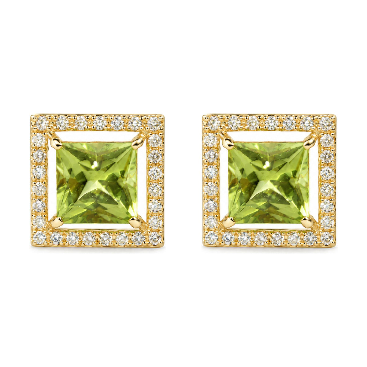 Close-up front angle of a pair of yellow metal square-shaped earrings featuring a large green princess-cut gemstone in the center, surrounded by small round white gemstones in prong settings.