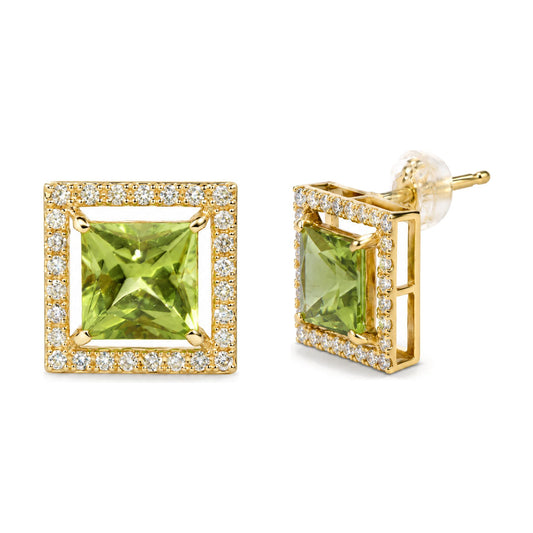 Close-up front and side angle of yellow metal square stud earrings with a large green square gemstone center and surrounded by multiple small round white gemstones in prong settings.