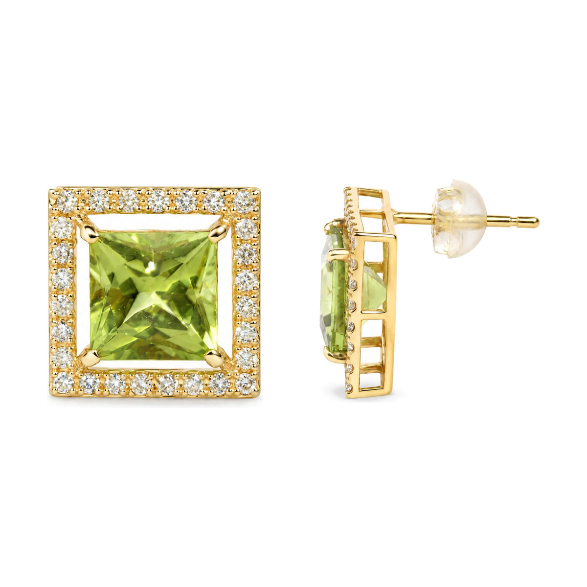 Close-up front and side angle of a yellow metal square earring with a large green princess-shaped gemstone in the center, surrounded by small round white gemstones, shown on a white background.