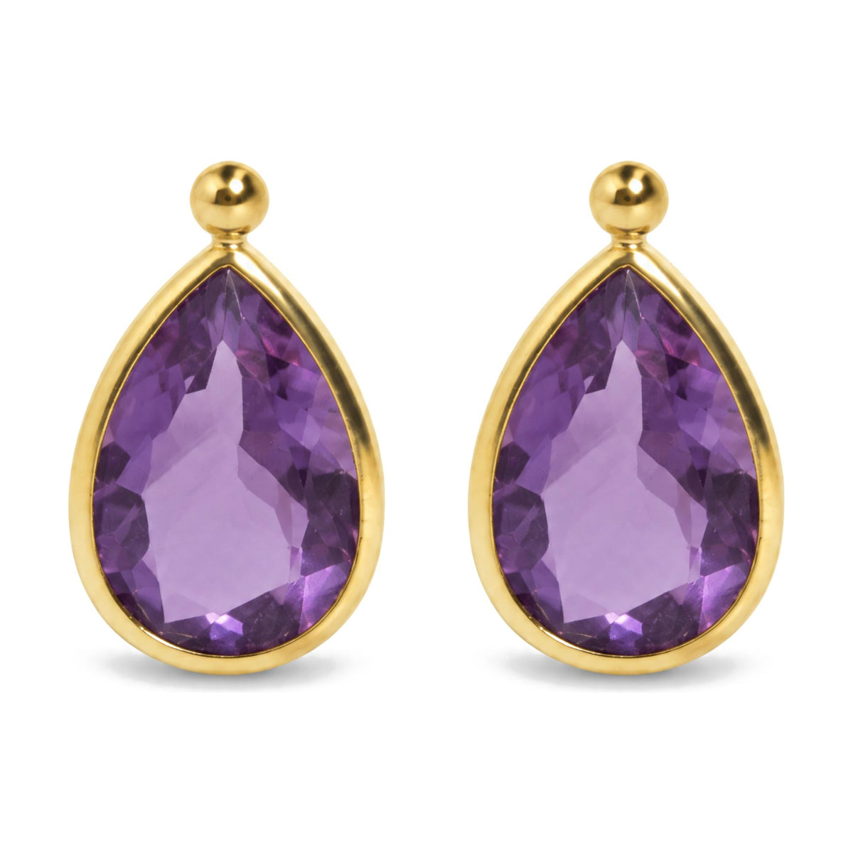 Close-up front view of yellow metal earrings with pear-shaped purple gemstones in bezel setting and round yellow metal studs above.