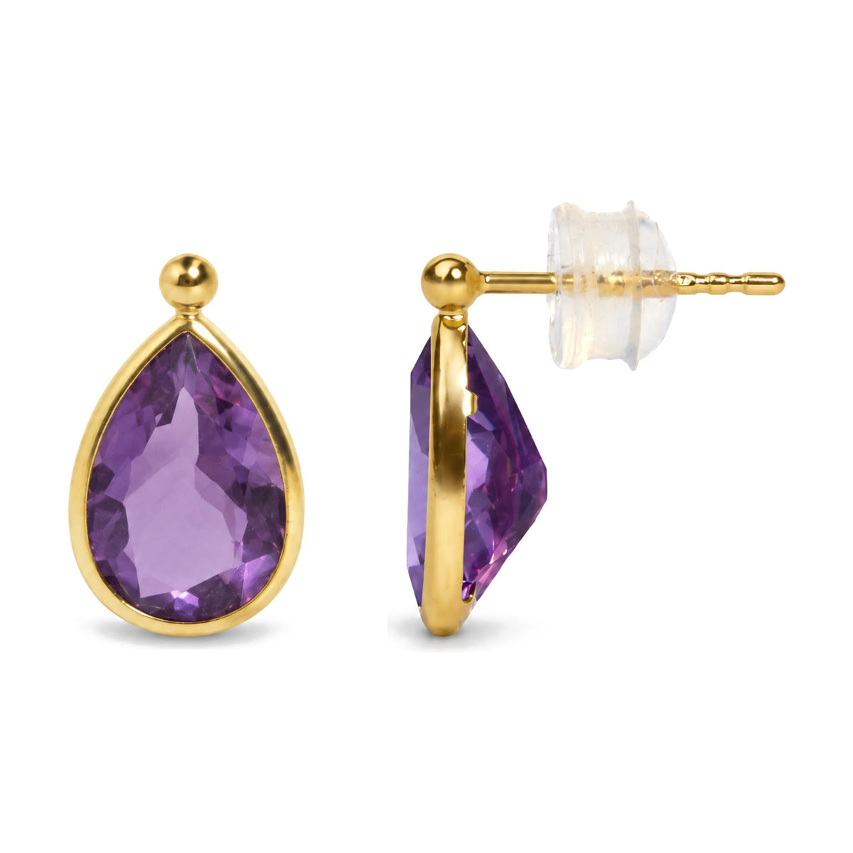 Close-up view of yellow metal earrings with pear-shaped purple gemstones in bezel setting, one shown from the front and the other from the side with a clear earring back visible.
