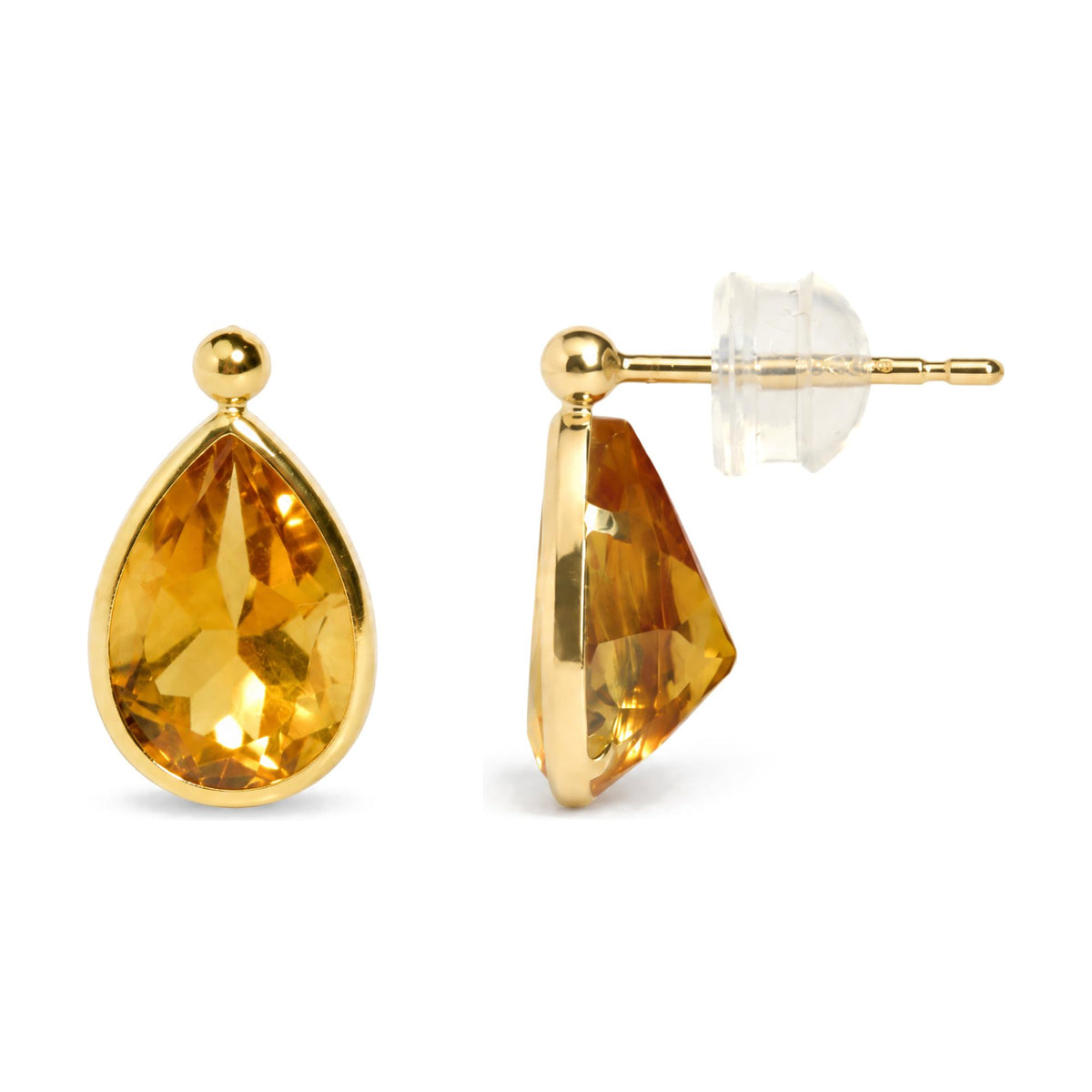Close-up front and side view of yellow pear-shaped gemstone stud earrings in bezel setting with yellow metal, shown on a white background.