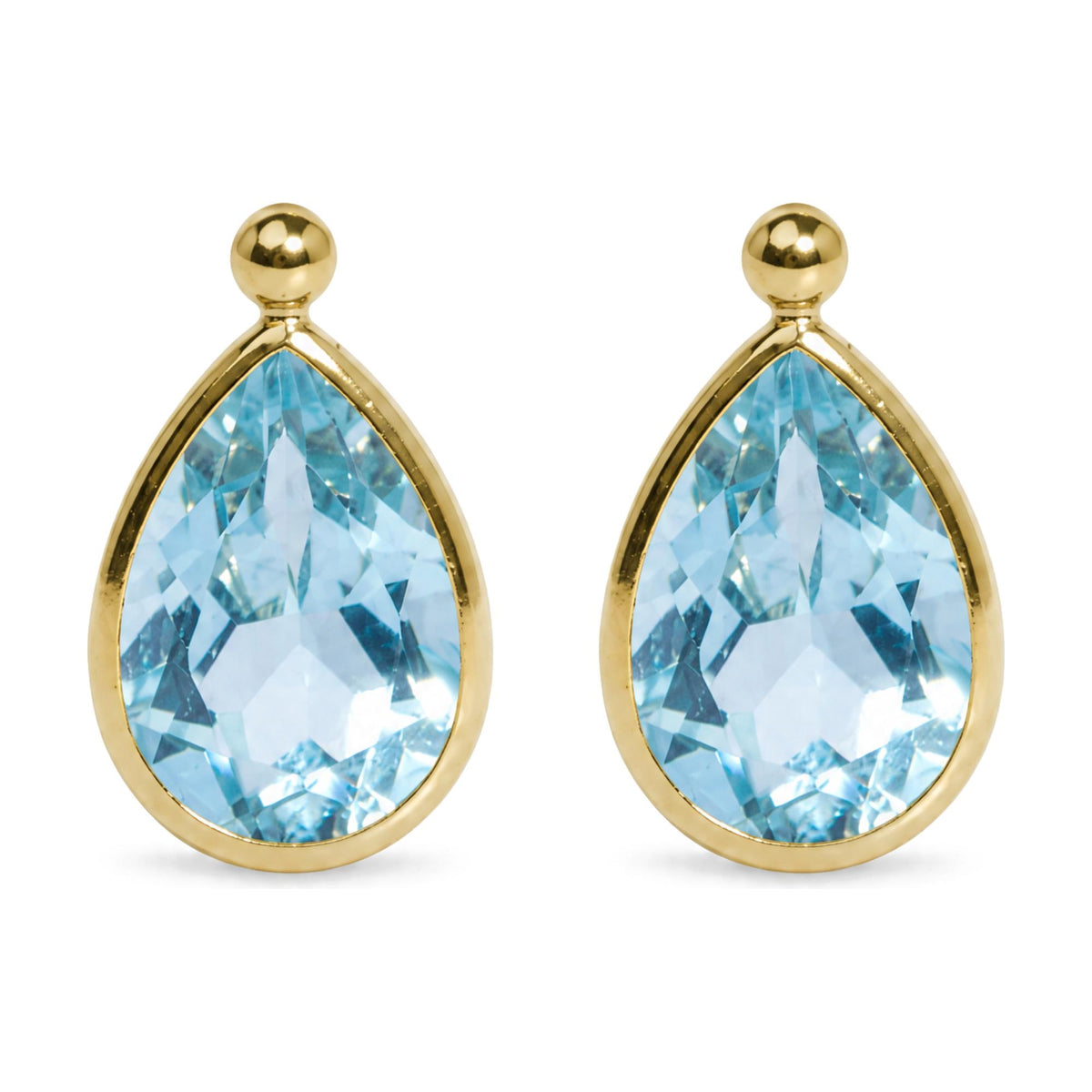 Close-up front view of yellow metal earrings featuring bezel-set pear-shaped blue gemstones.
