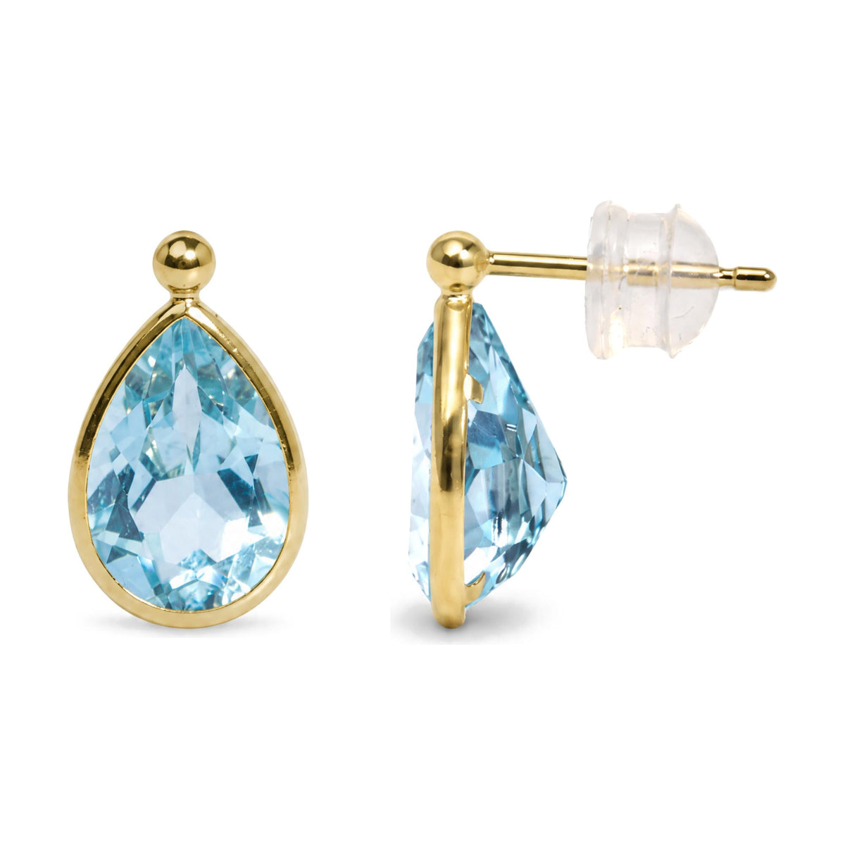 Close-up side and front view of yellow metal earrings with pear-shaped blue gemstones in bezel setting and clear backing, shown on white background.