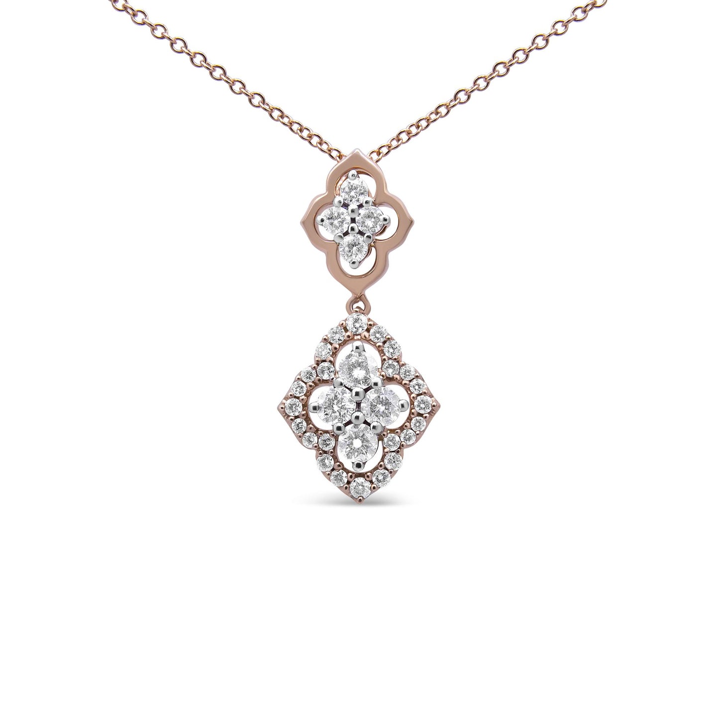 Front-facing close-up of a rose-colored necklace with a double pendant set with multiple white round gemstones in shared prong settings.