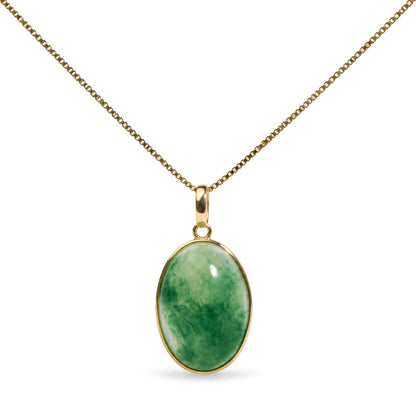 Close-up front view of a yellow metal necklace with an oval green aventurine gemstone in a bezel setting.