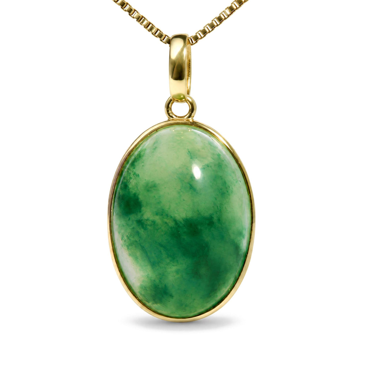 Close-up front view of a yellow metal necklace pendant with an oval green gemstone in a bezel setting.