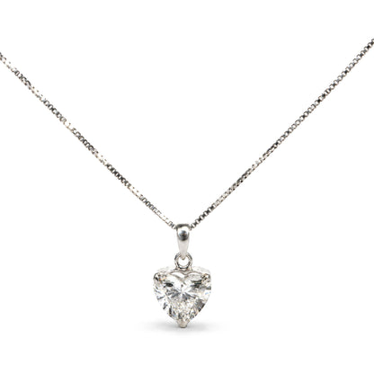 Close-up front view of a white necklace with a heart-shaped white gemstone pendant in a three-prong setting.