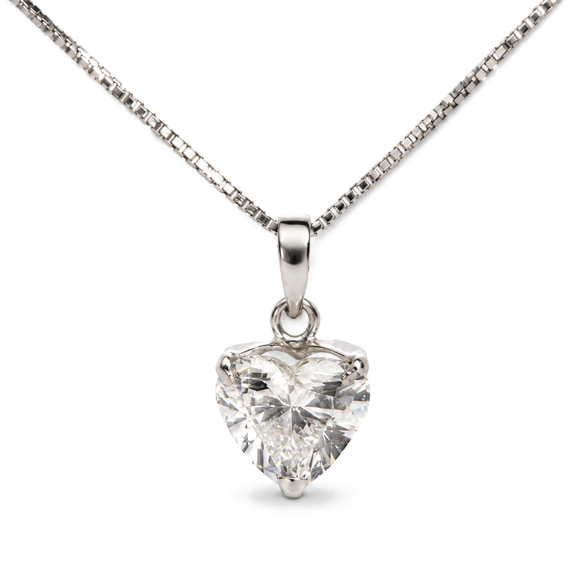 Close-up front view of a white necklace chain with a heart-shaped white gemstone pendant in a 3-prong setting.