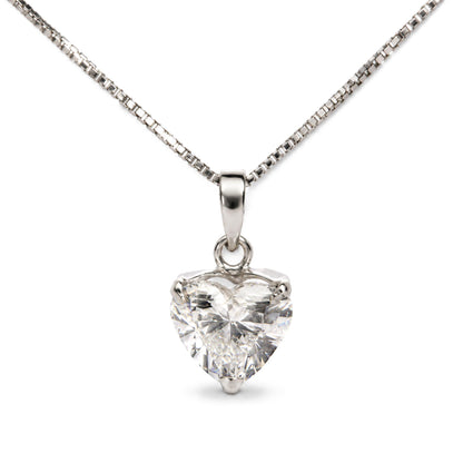 Close-up front view of a white necklace chain with a heart-shaped white gemstone pendant in a 3-prong setting.