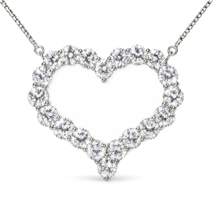 Close-up front view of a white metal heart-shaped necklace adorned with round white gemstones in prong settings on a chain.