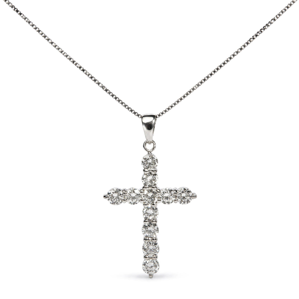 Front view of 18K white gold cross pendant necklace with prong-set round lab-grown diamonds