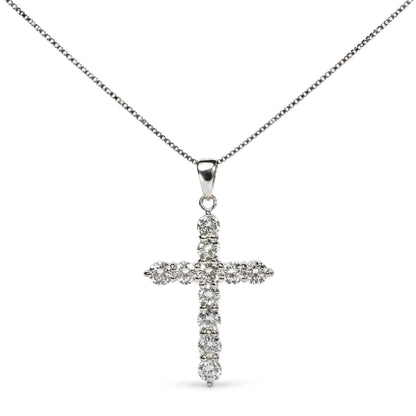 Front view of 18K white gold cross pendant necklace with prong-set round lab-grown diamonds