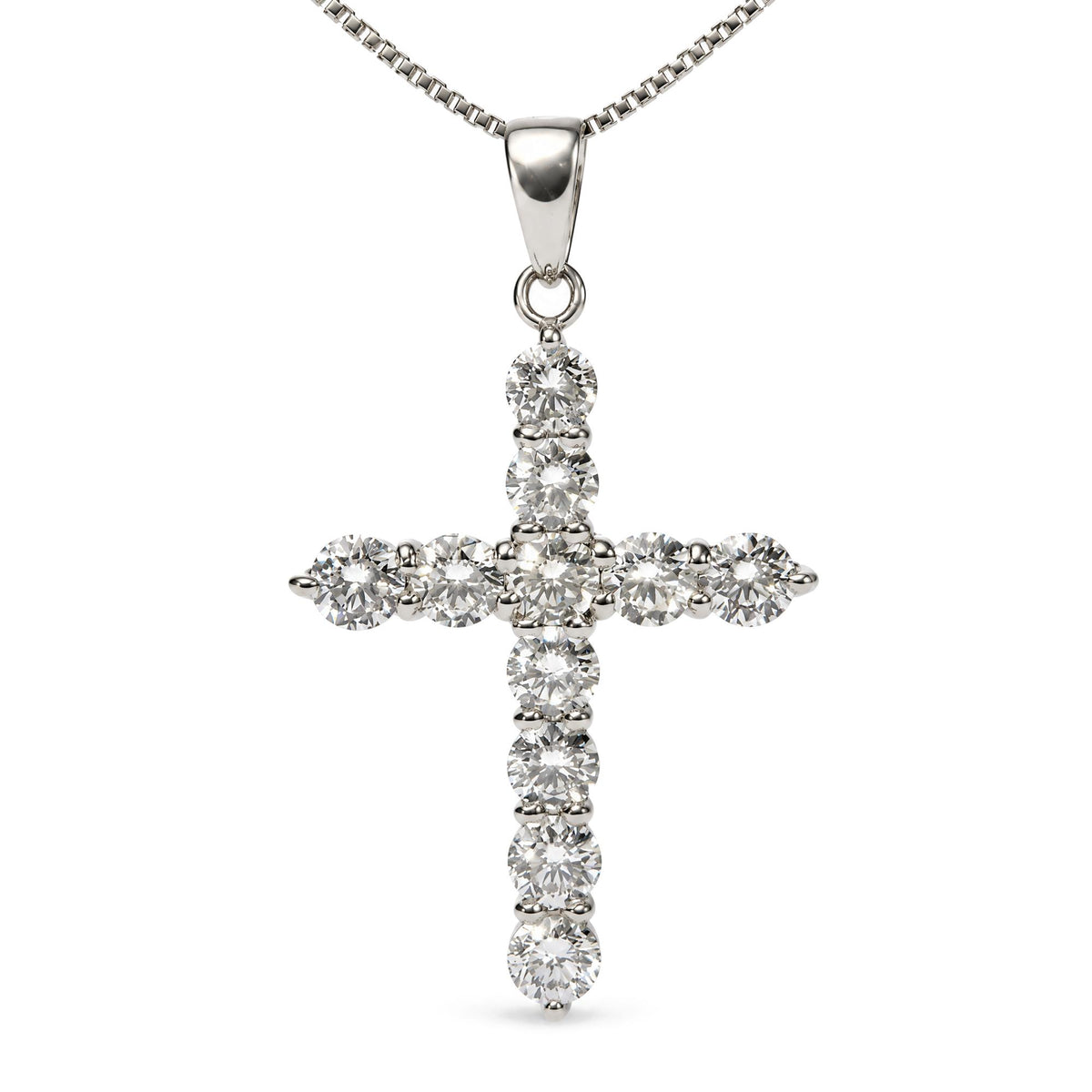 Angled view of 18K white gold cross pendant necklace with prong-set round lab-grown diamonds
