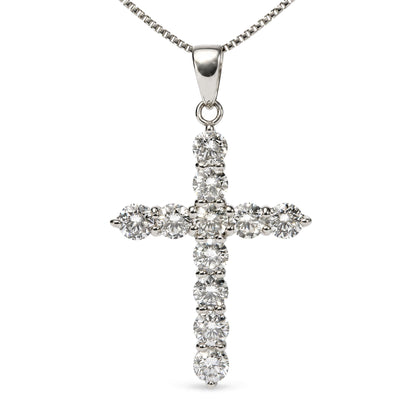 Angled view of 18K white gold cross pendant necklace with prong-set round lab-grown diamonds