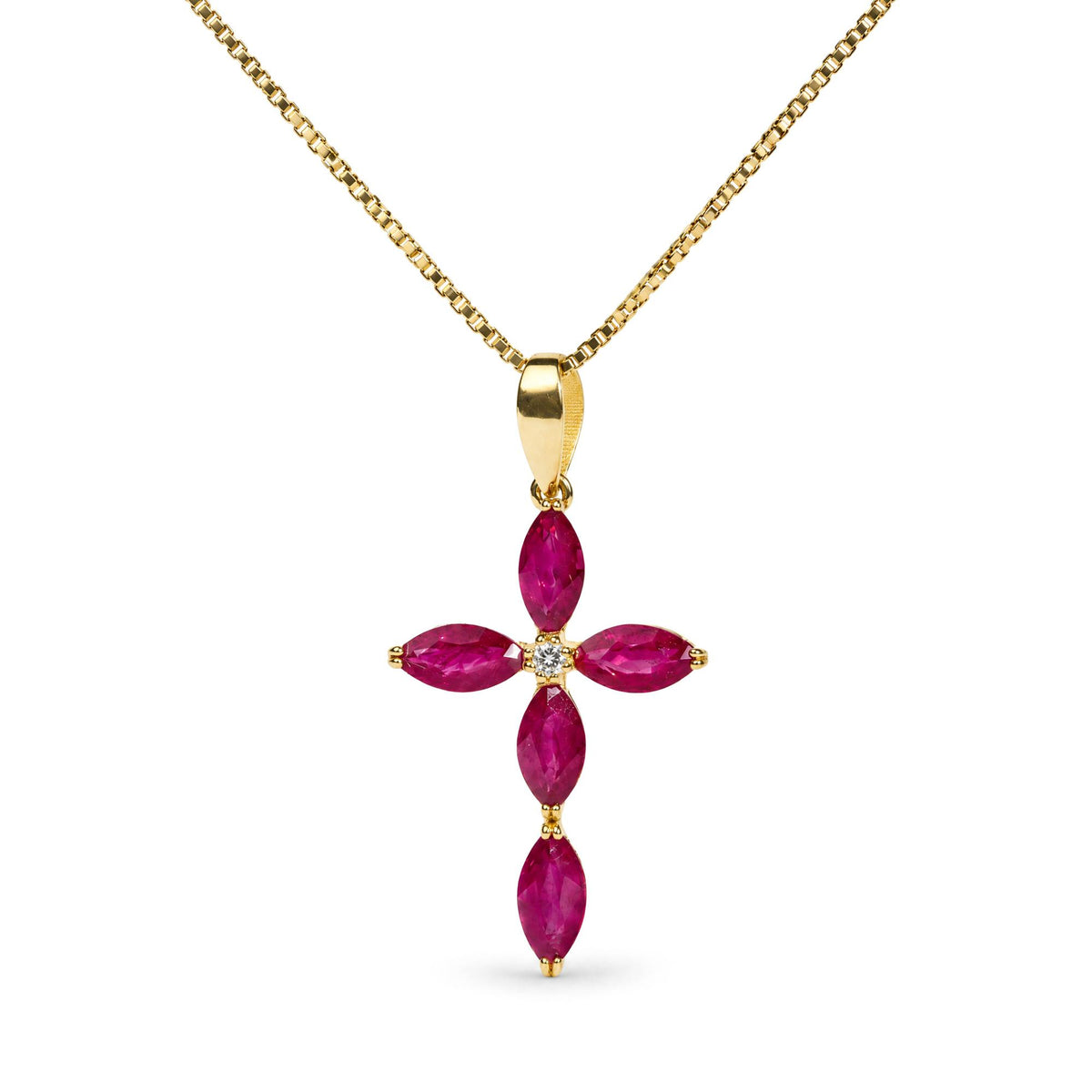 Close-up front view of a yellow necklace chain with a cross-shaped pendant featuring marquise-shaped red gemstones and a round white gemstone at the center.