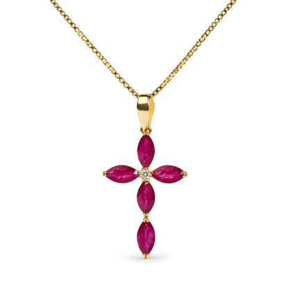 Close-up front view of a yellow necklace chain with a cross-shaped pendant featuring marquise-shaped red gemstones and a round white gemstone at the center.