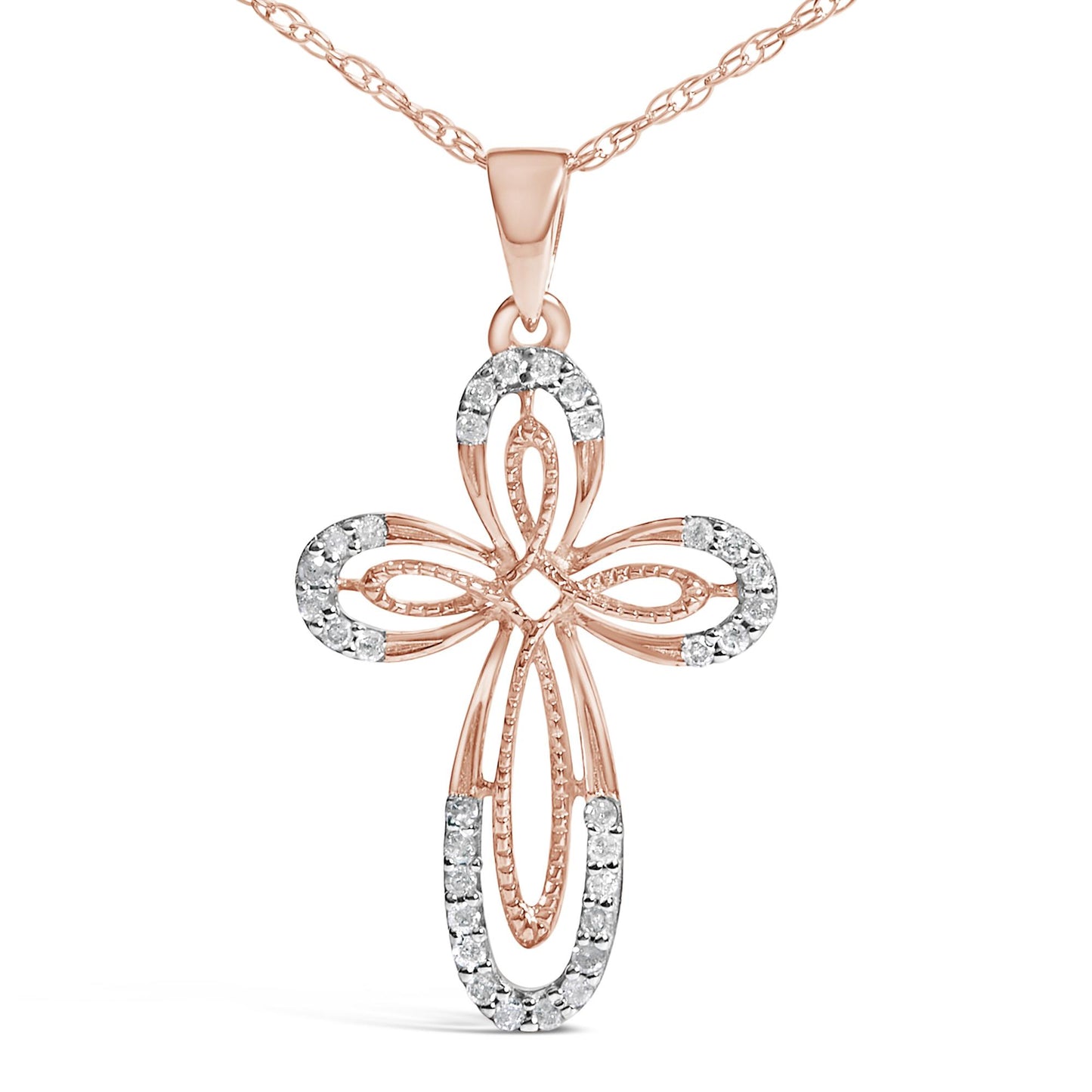 Front-facing rose-colored cross necklace pendant with openwork design and prong-set round white gemstones on outer edges.