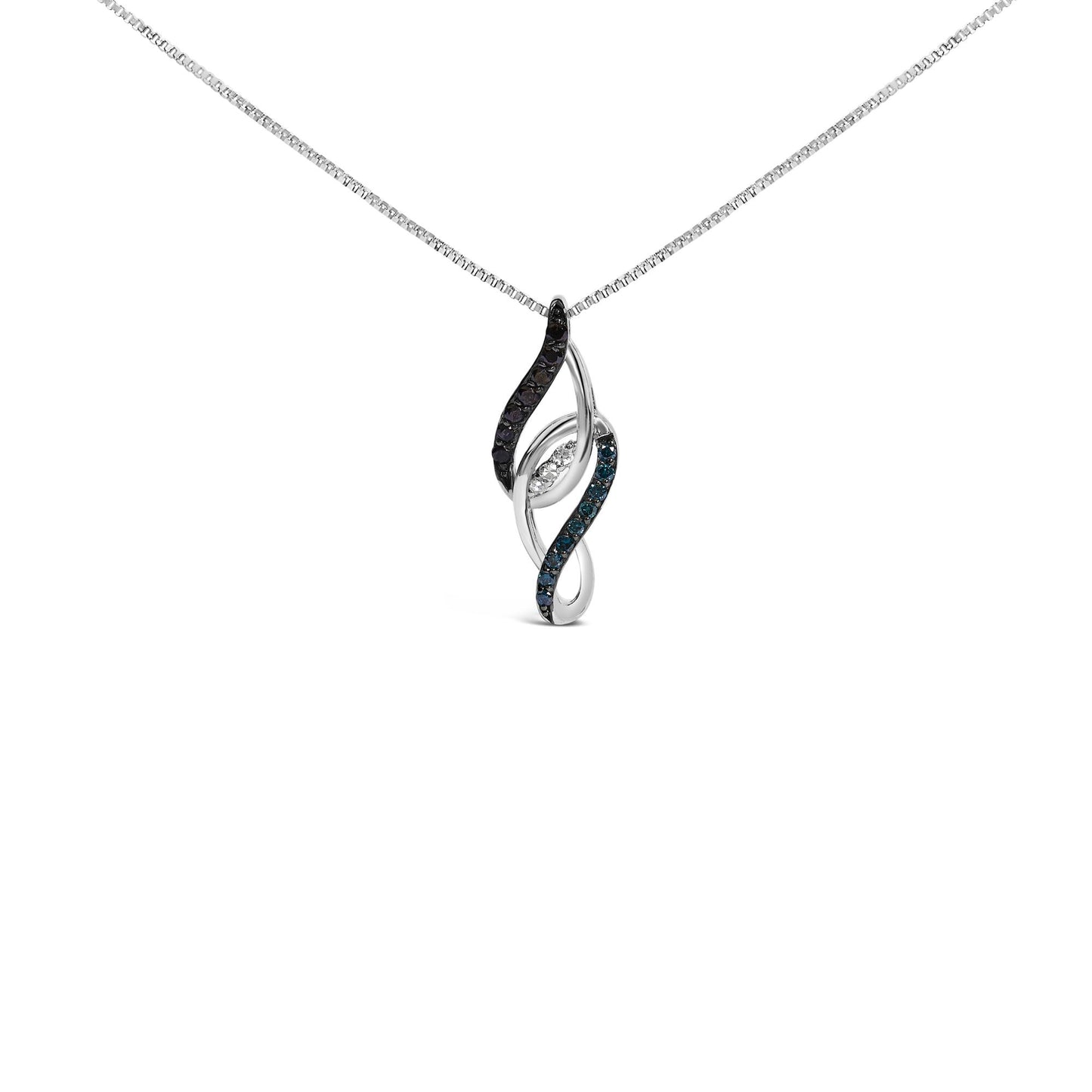 White metal necklace with a pendant featuring intertwining loops set with white, blue, and black round gemstones, shown in a front-facing close-up shot.